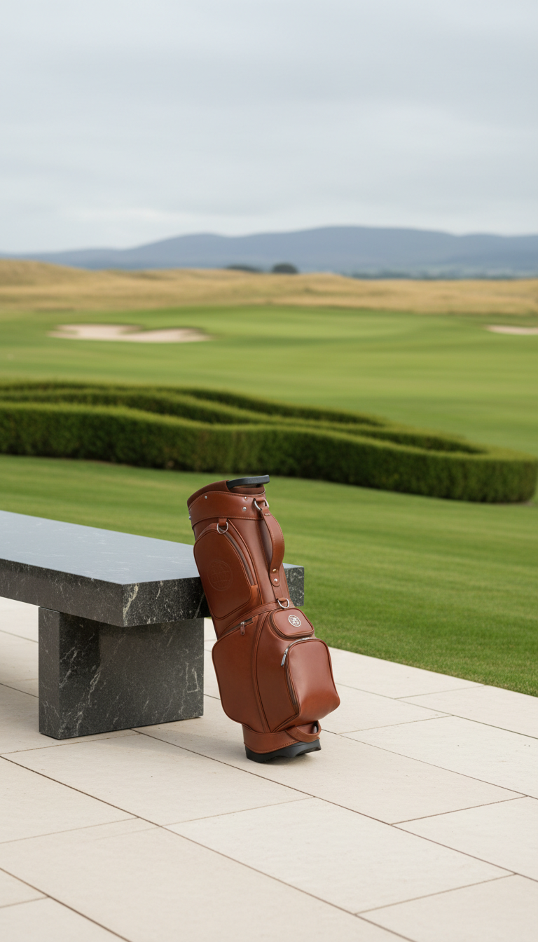 A luxurious brushed-leather golf bag with an understated logo, resting against a sleek, basalt stone bench on the edge of a private club terrace. The backdrop features low, artistically pruned hedges leading to a panoramic view of rolling fairways under an overcast sky. Soft, diffuse lighting creates subtle gradients along the bag’s elegant curves and the stone’s polished surface. The scene is composed with an asymmetrical balance, emphasizing simplicity and refinement. Shot at a low angle with crisp foreground focus and a gentle, blurred horizon, this photographic realism captures the exclusive ambiance of premium golf culture.